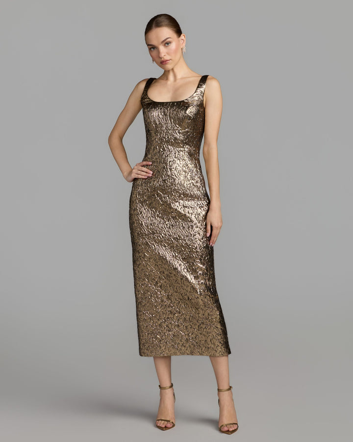 Mac Duggal 21553 Metallic Scoop Neck Brocade Midi Dress