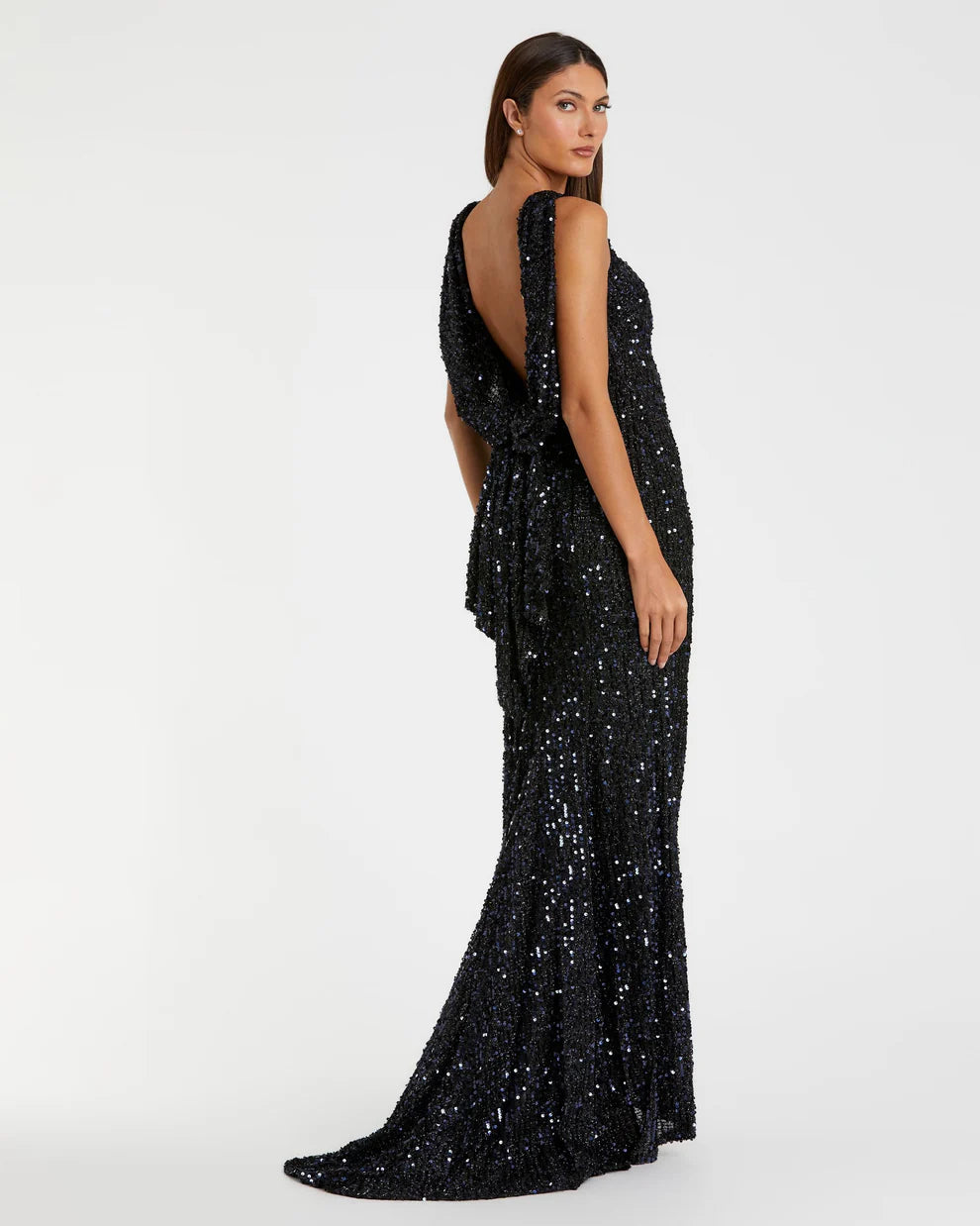 Mac Duggal 9926331P Petite Cowl Back Boat Neck Sequined Evening Gown