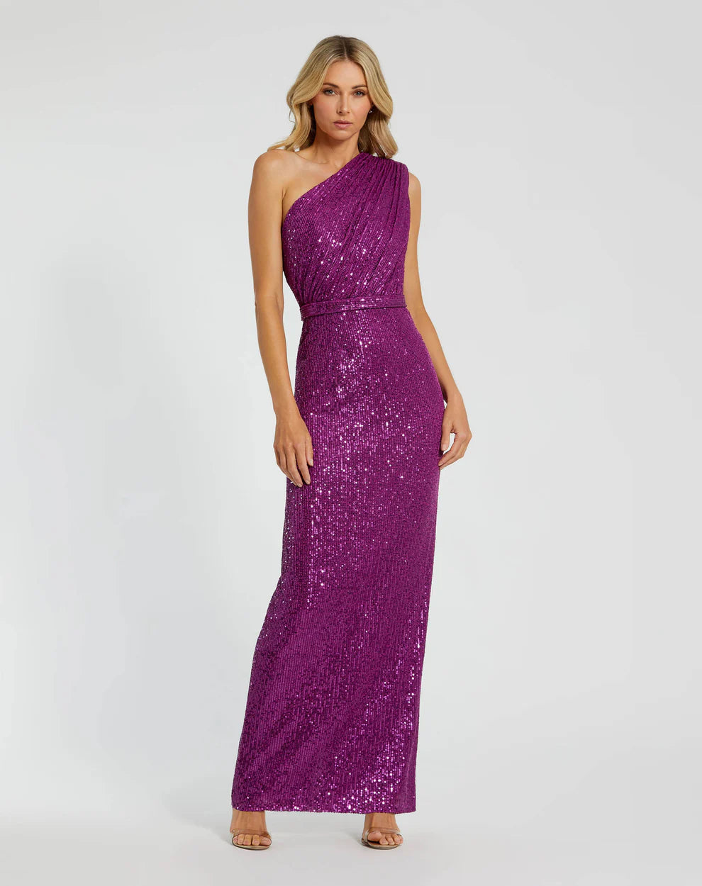 Mac Duggal 9926694P Petite Dark Green Sequined Ruched One Shoulder Gown
