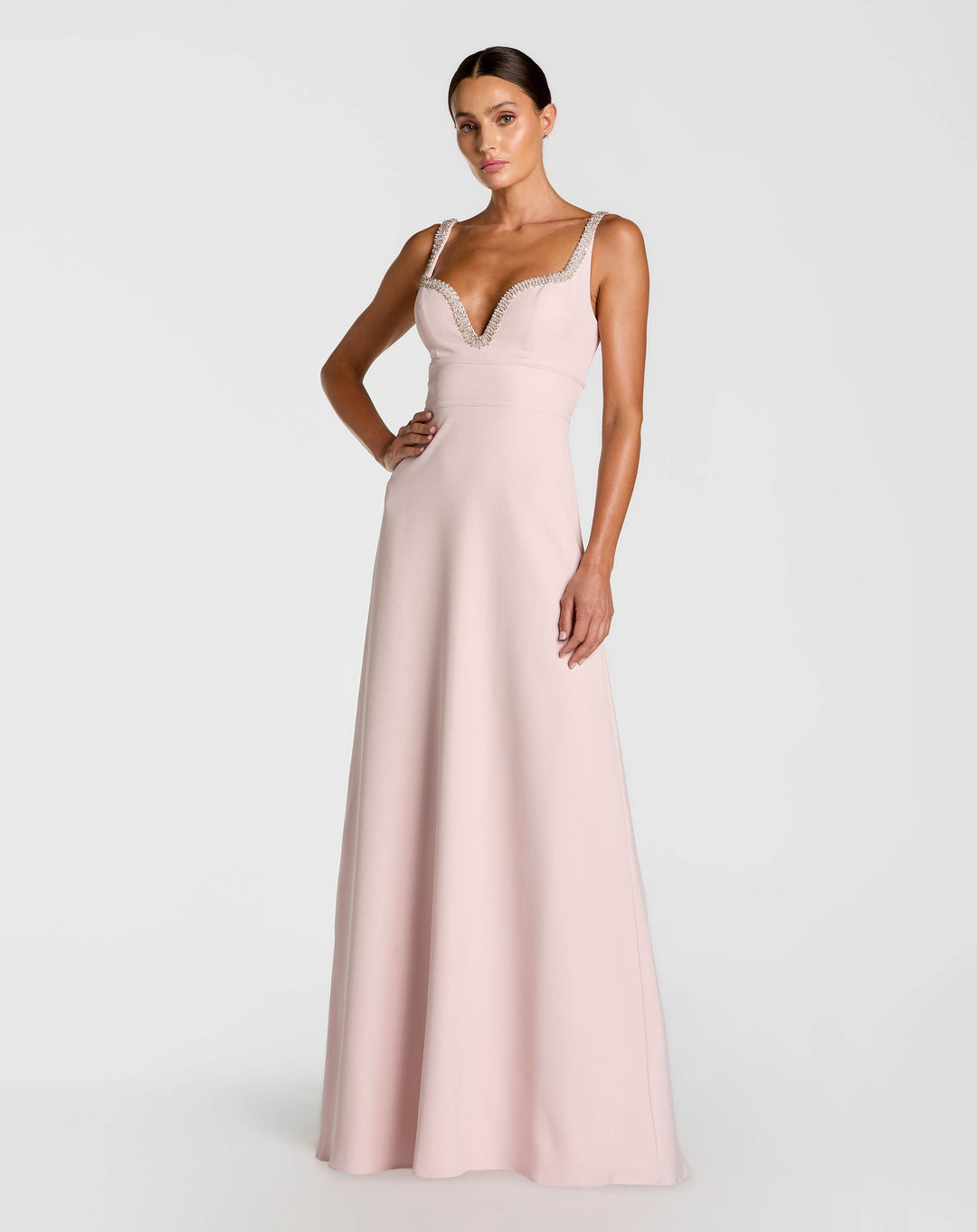 Mac Duggal 9927633P Petite Light Pink Crepe A-Line Gown With Rhinestone Trim