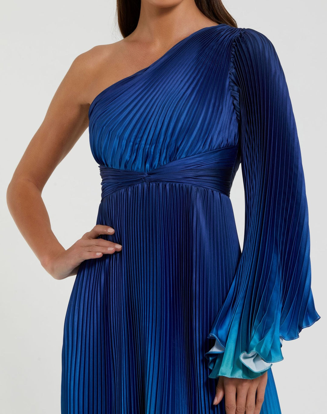 Mac Duggal 9949903P Petite Pleated Charmeuse One Shoulder Ombre Gown