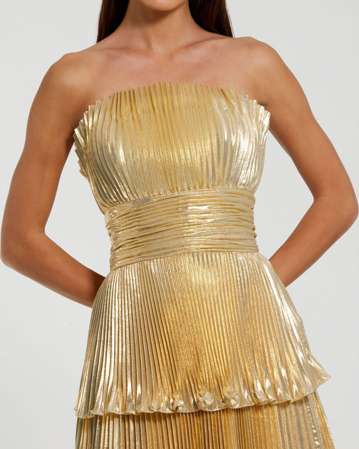 Mac Duggal 9949911P Petite Gold Strapless Pleated Metallic Layered Ruffle Gown