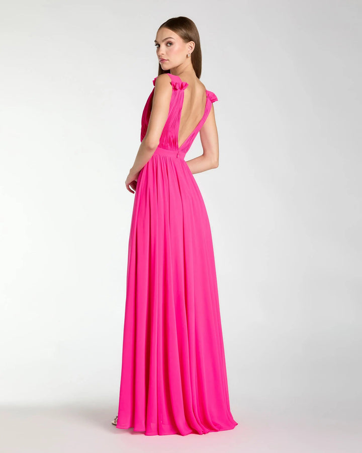 Mac Duggal 9955321P Petite Pink Sleeveless Pleated Chiffon V-Neck Gown