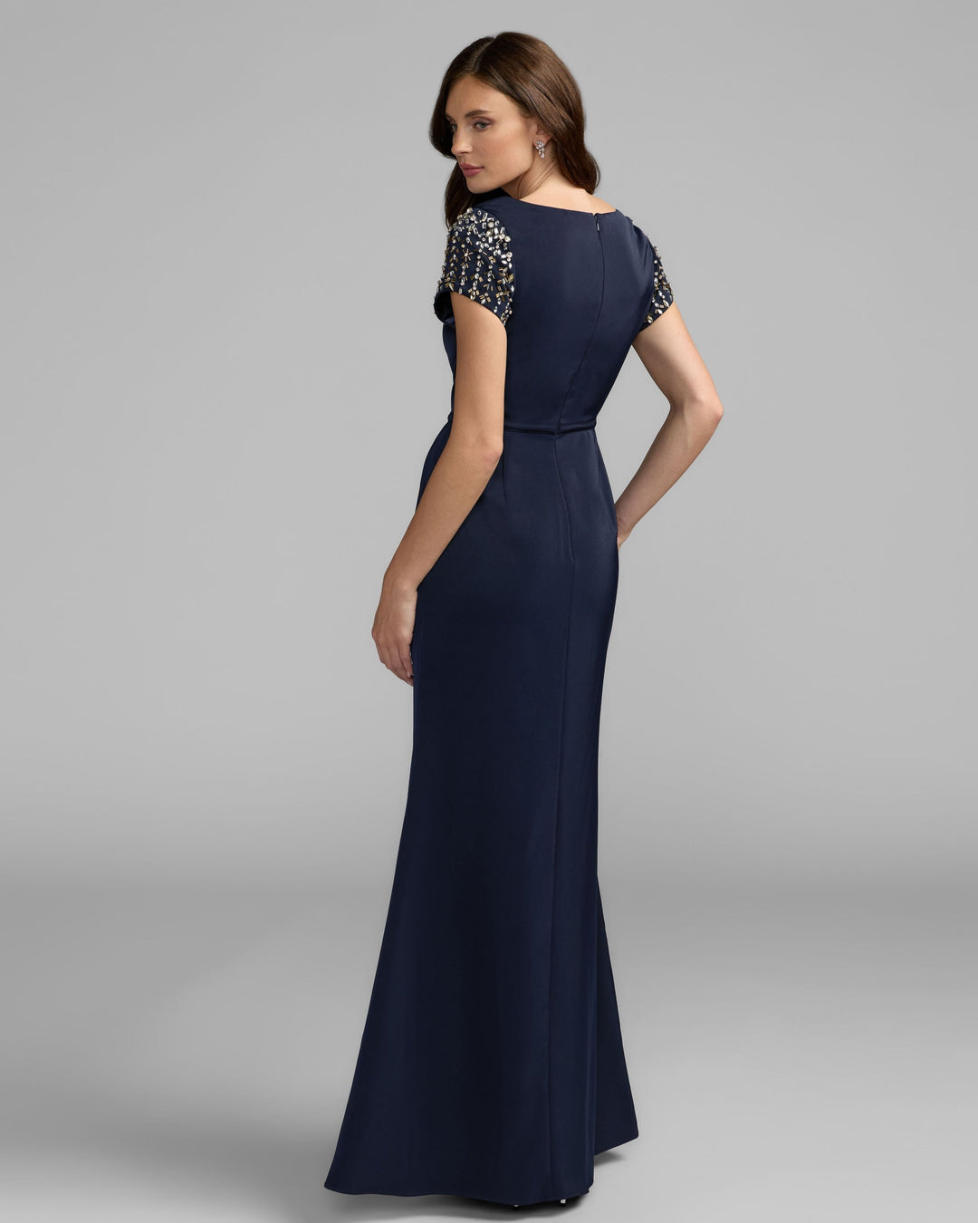 Mac Duggal 55718 Beaded Cap Sleeve Satin Column Gown
