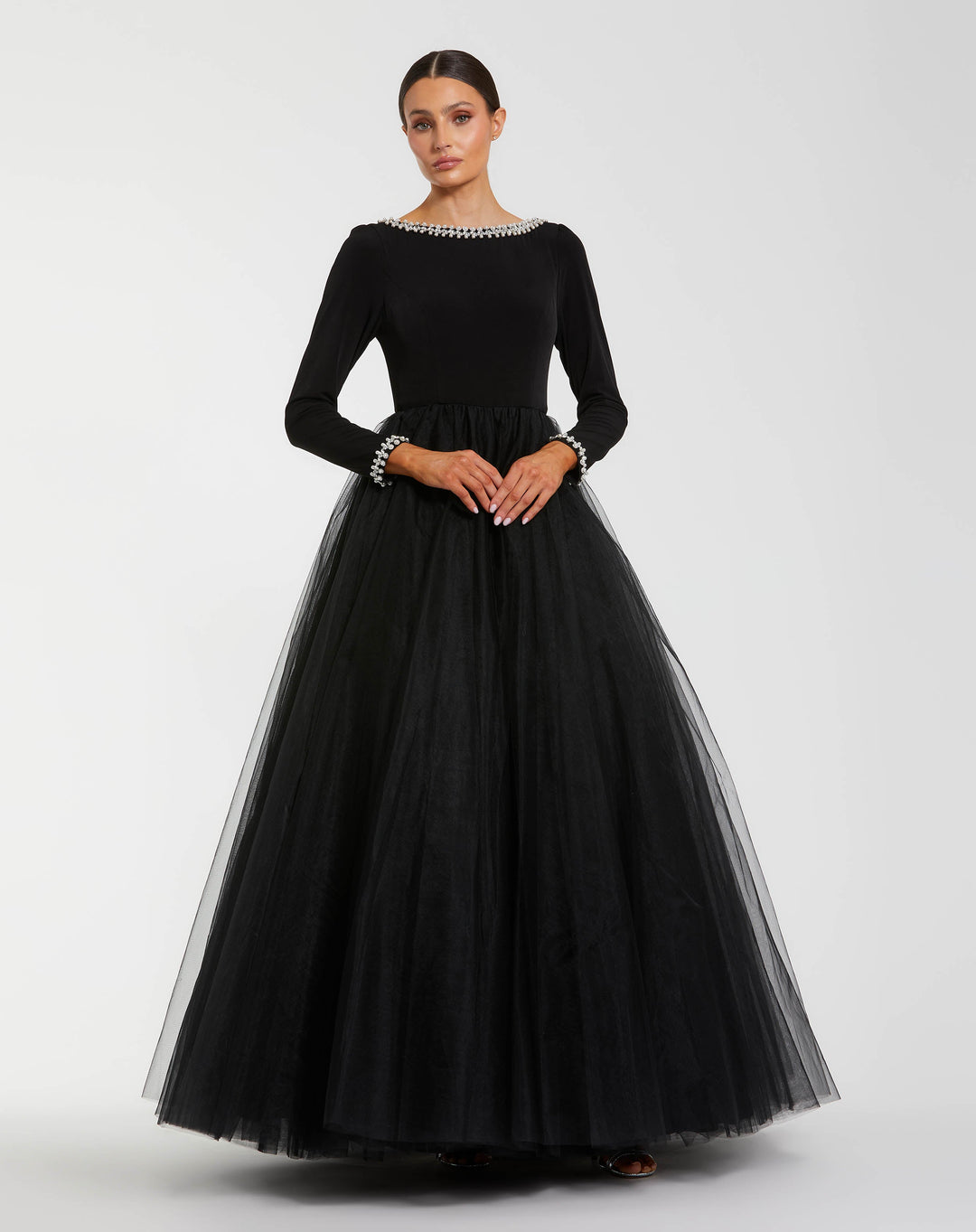 Mac Duggal 9956186P Petite Long Sleeve Tulle Ball Gown