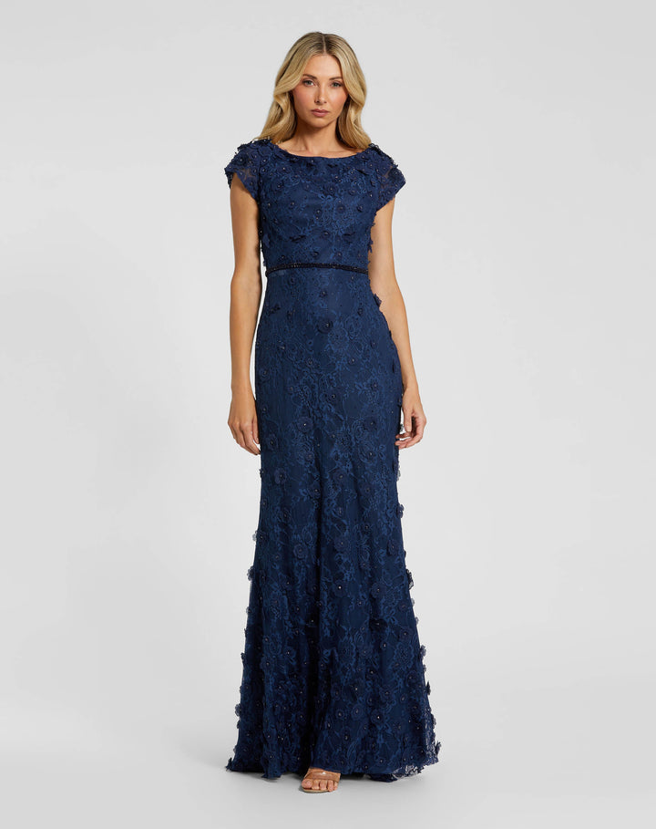 Mac Duggal 67711 Floral Applique Boat Neck Short Sleeve Gown