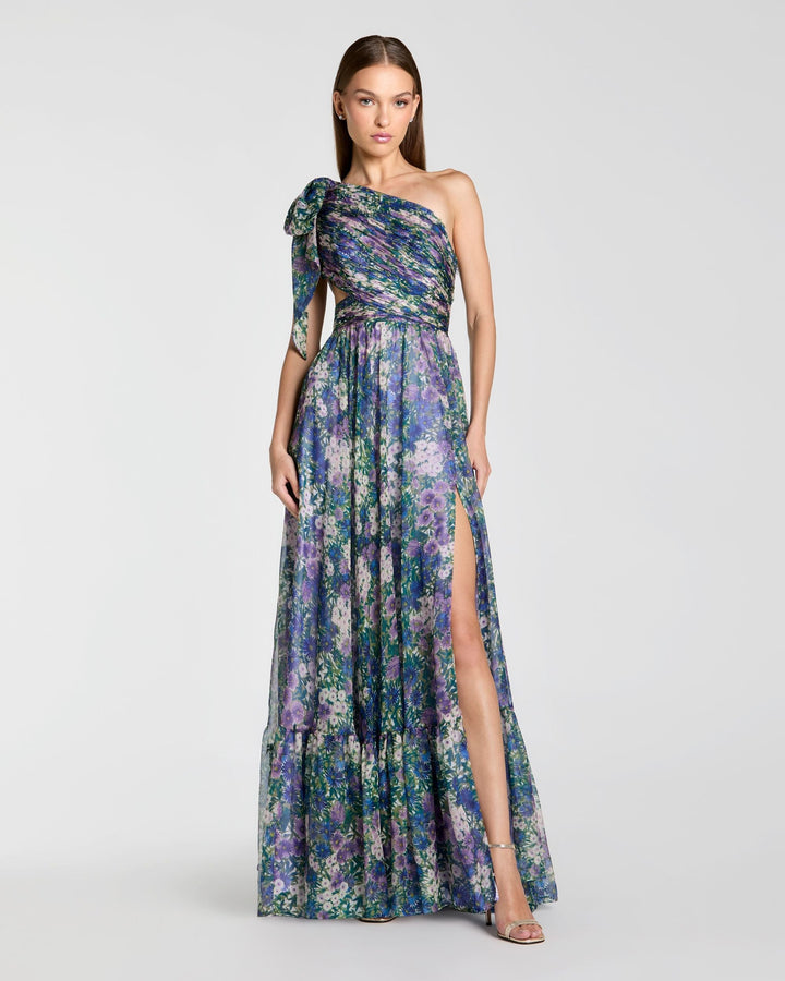 Mac Duggal 68553 One Shoulder Floral Printed Chiffon Side Cut Out Gown
