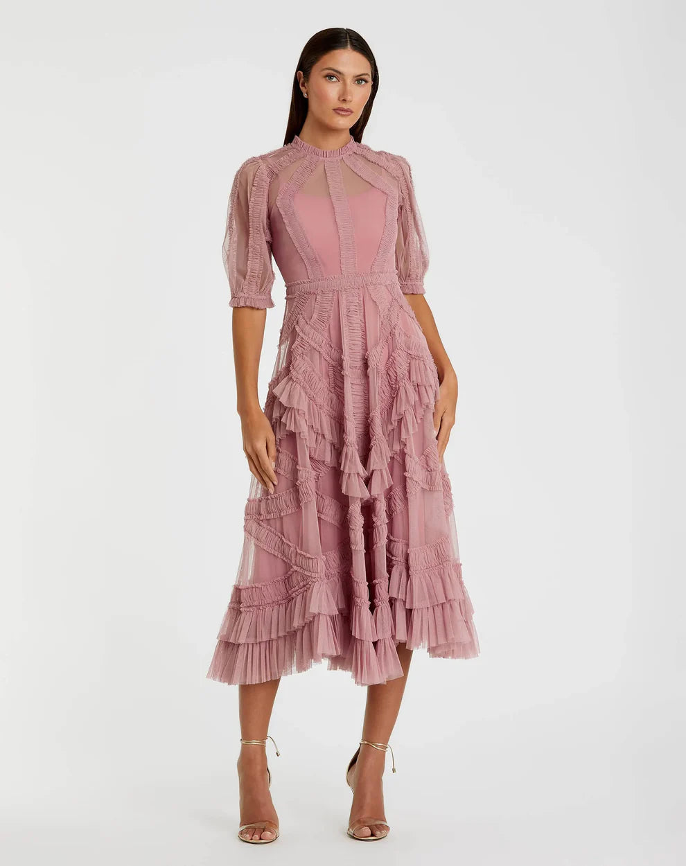 Mac Duggal 998058P High Neck Micro Ruffle Tiered Midi Dress