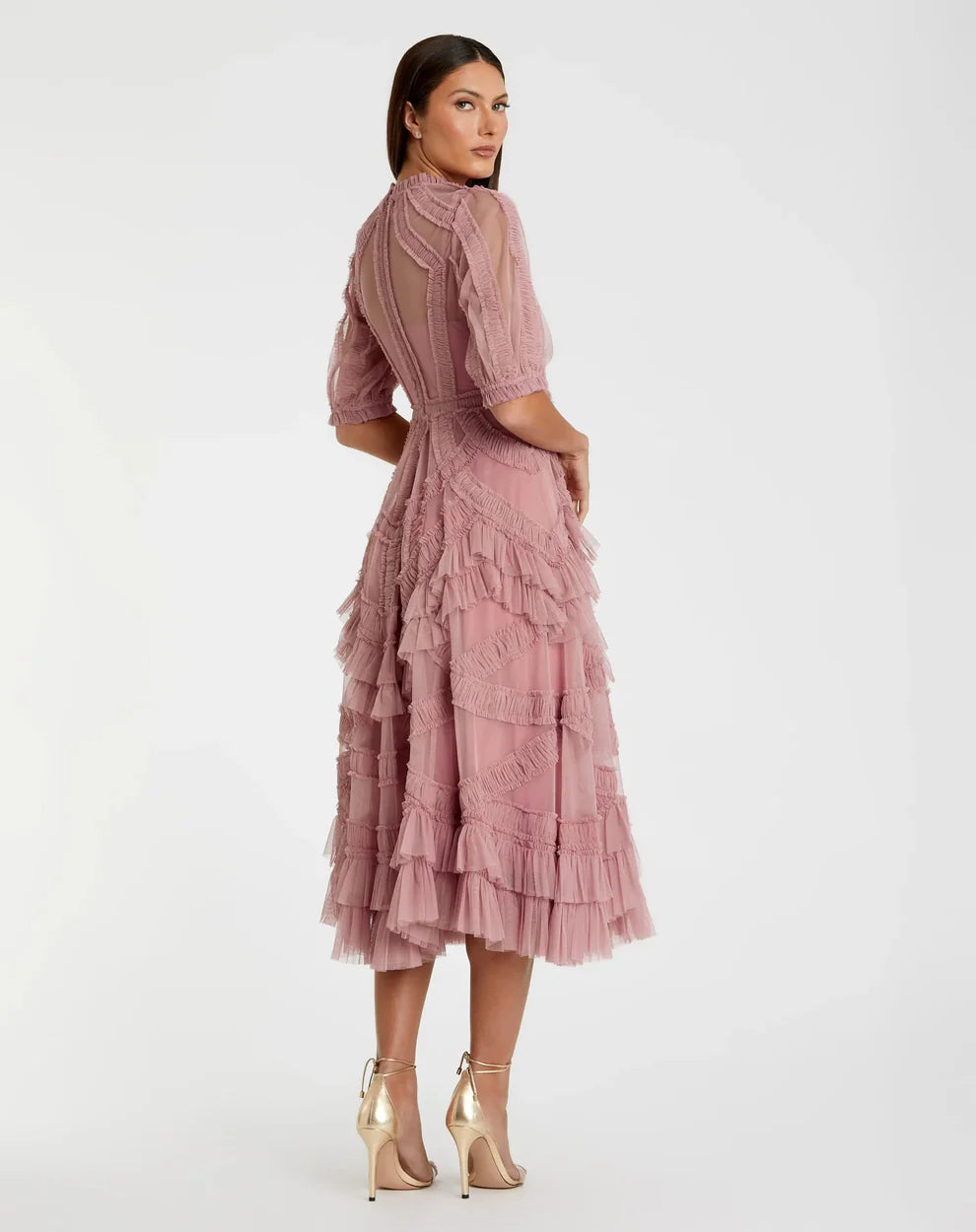 Mac Duggal 998058P High Neck Micro Ruffle Tiered Midi Dress