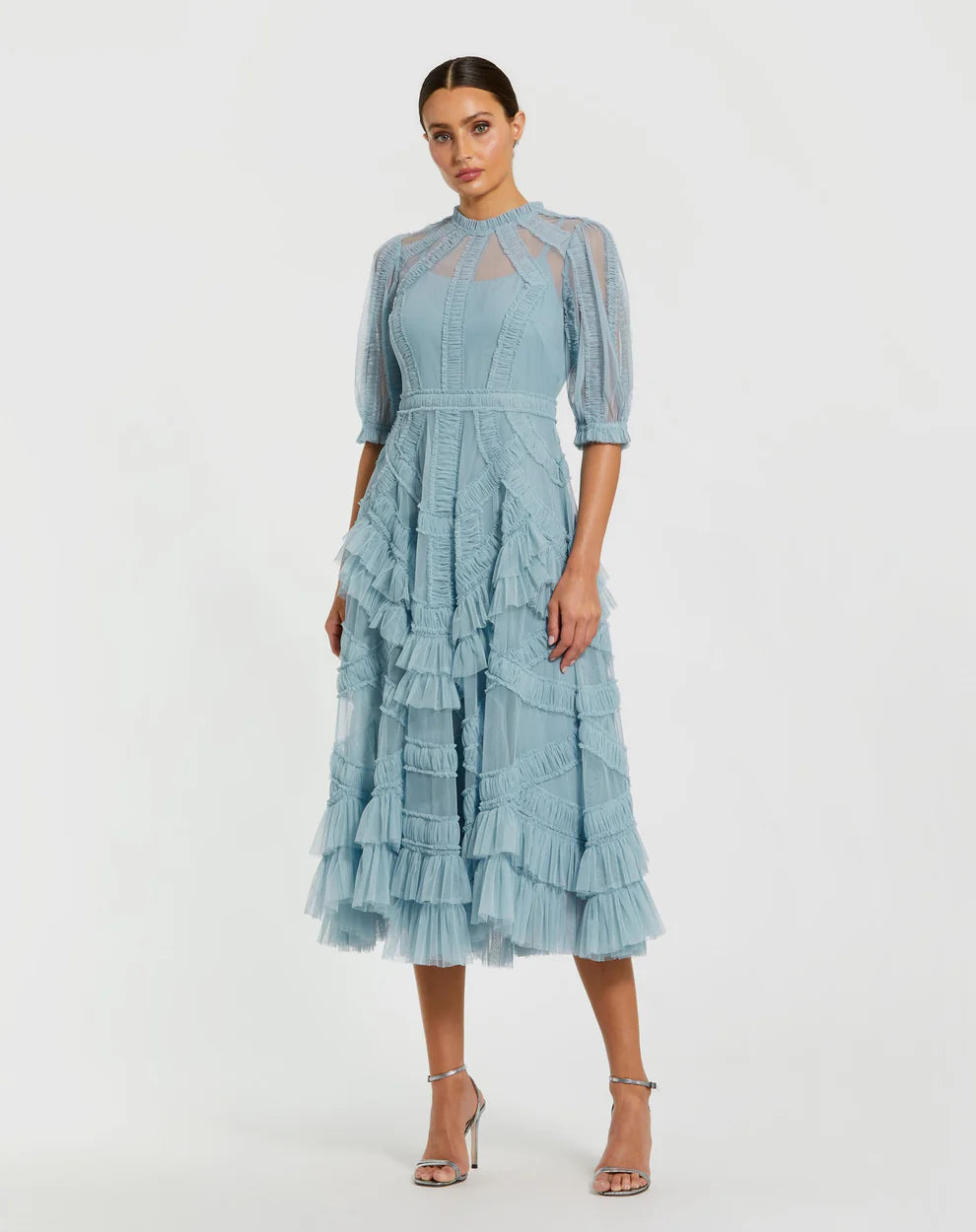 Mac Duggal 998058P High Neck Micro Ruffle Tiered Midi Dress