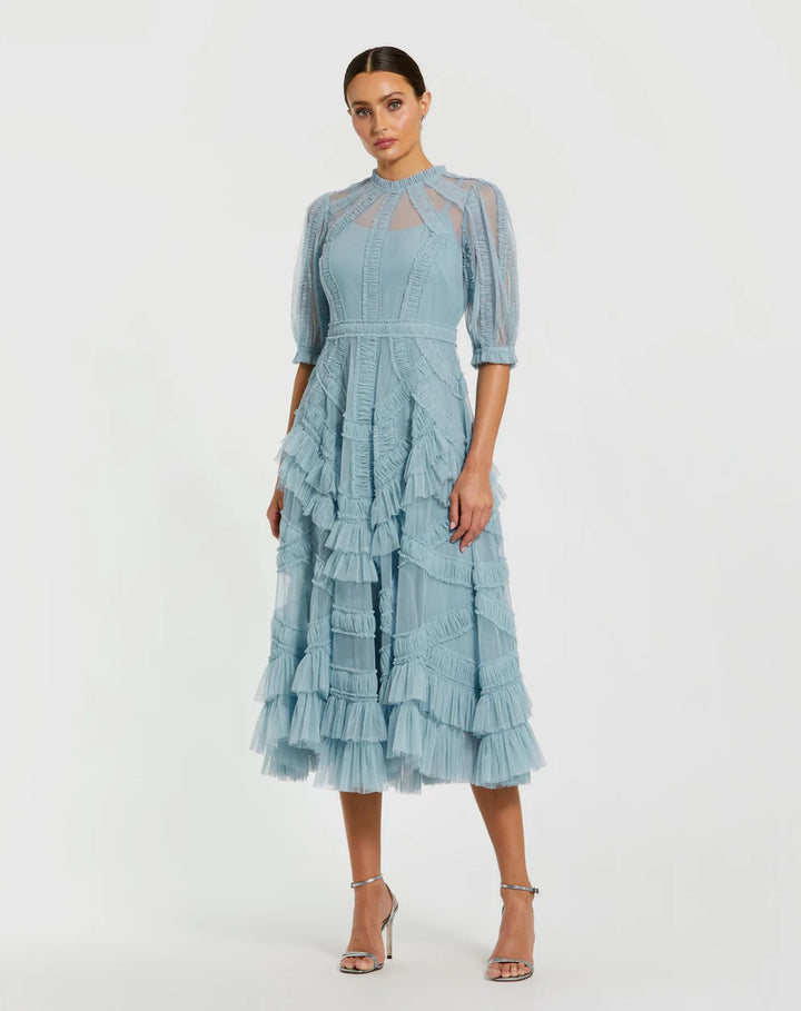Mac Duggal 998058P High Neck Micro Ruffle Tiered Midi Dress