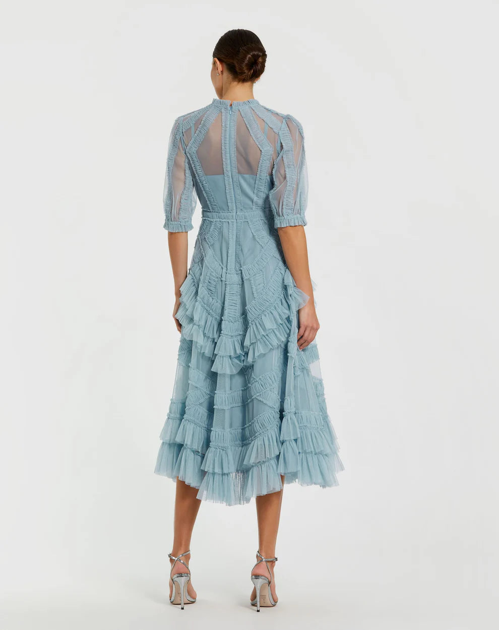 Mac Duggal 998058P High Neck Micro Ruffle Tiered Midi Dress