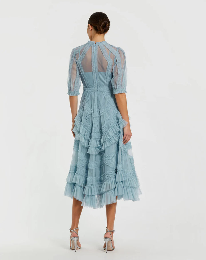 Mac Duggal 998058P High Neck Micro Ruffle Tiered Midi Dress