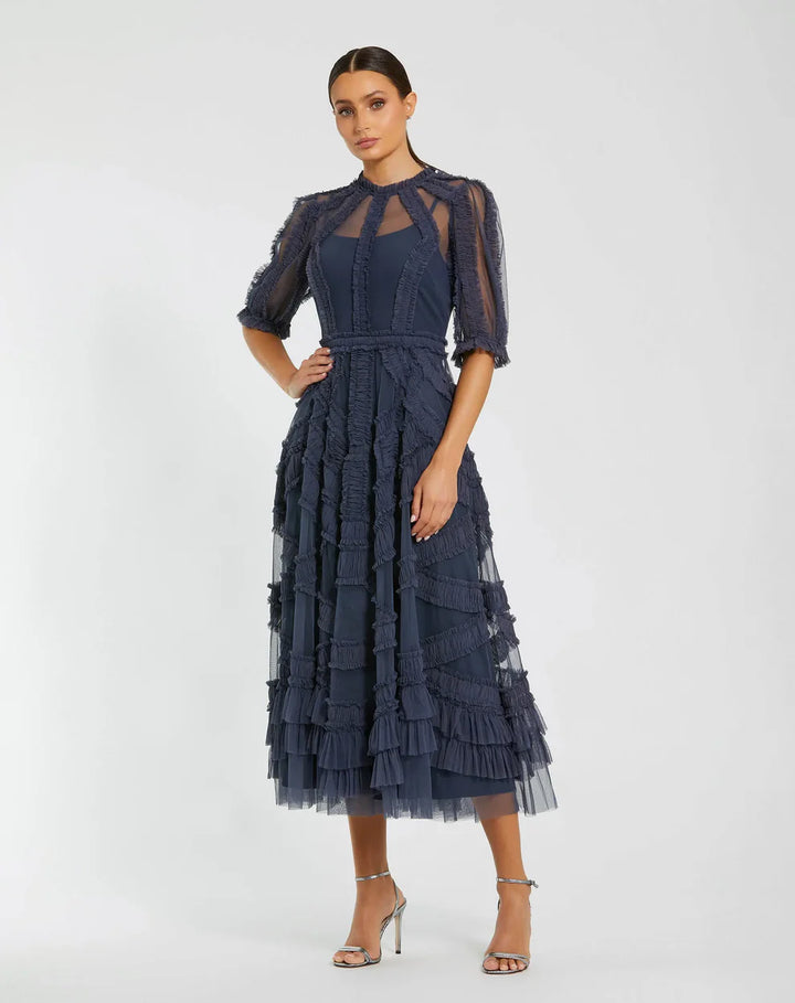Mac Duggal 998058P High Neck Micro Ruffle Tiered Midi Dress