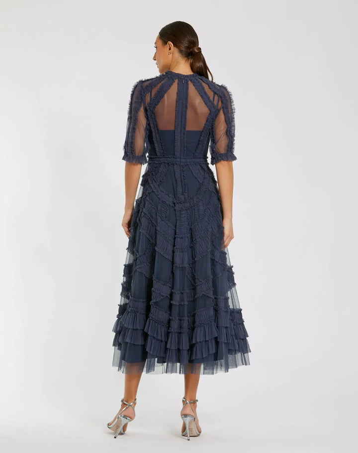 Mac Duggal 998058P High Neck Micro Ruffle Tiered Midi Dress