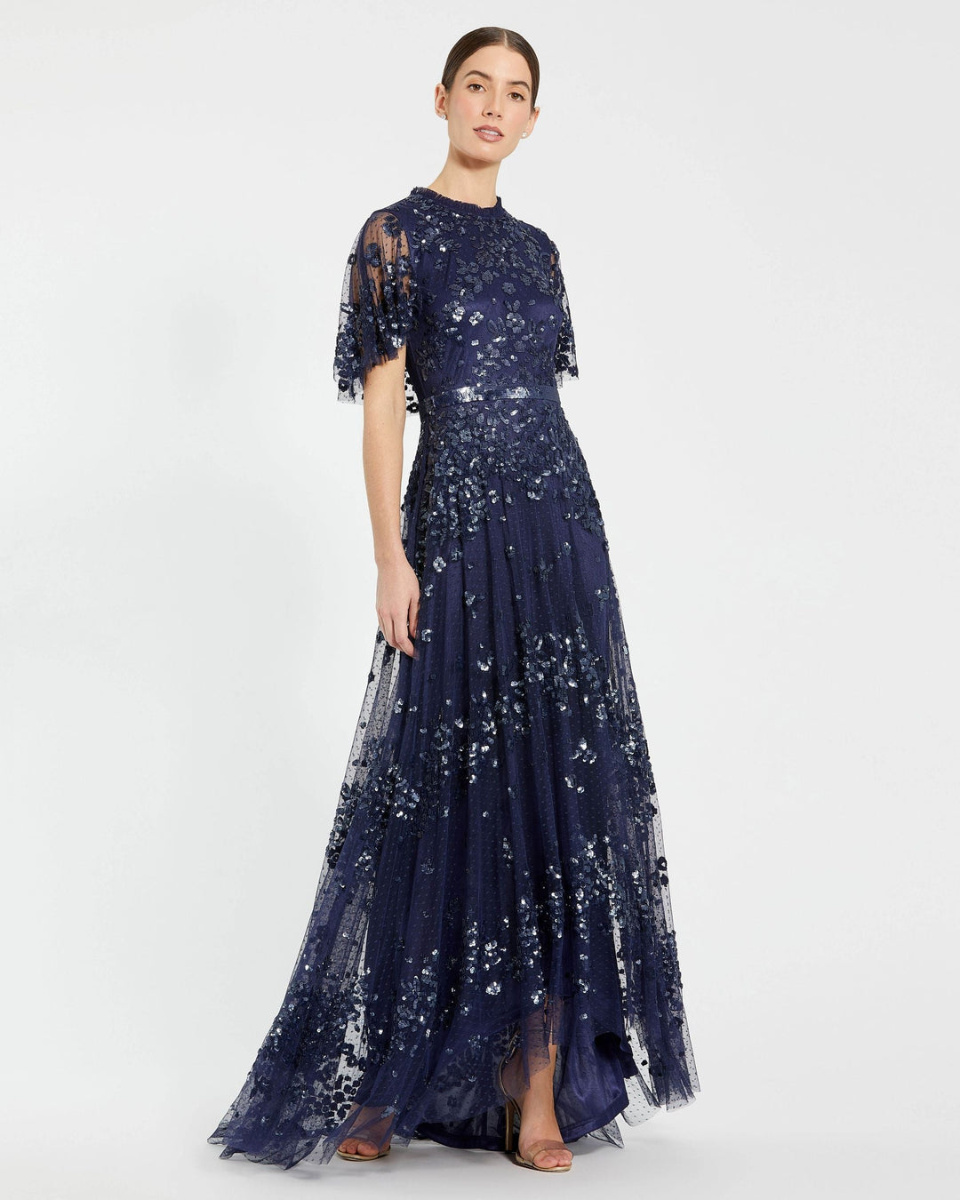 Mac Duggal 9192 Sequined High Neck Flutter Sleeve A Line Gown