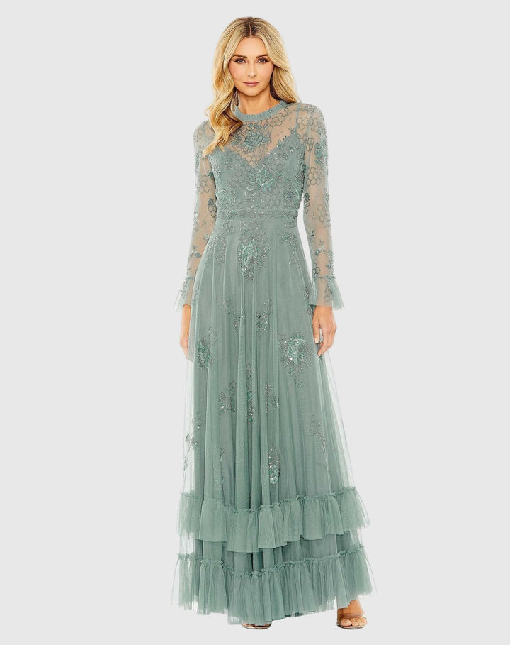 Mac Duggal 9249 Embellished Long Sleeve Ruffle Gown