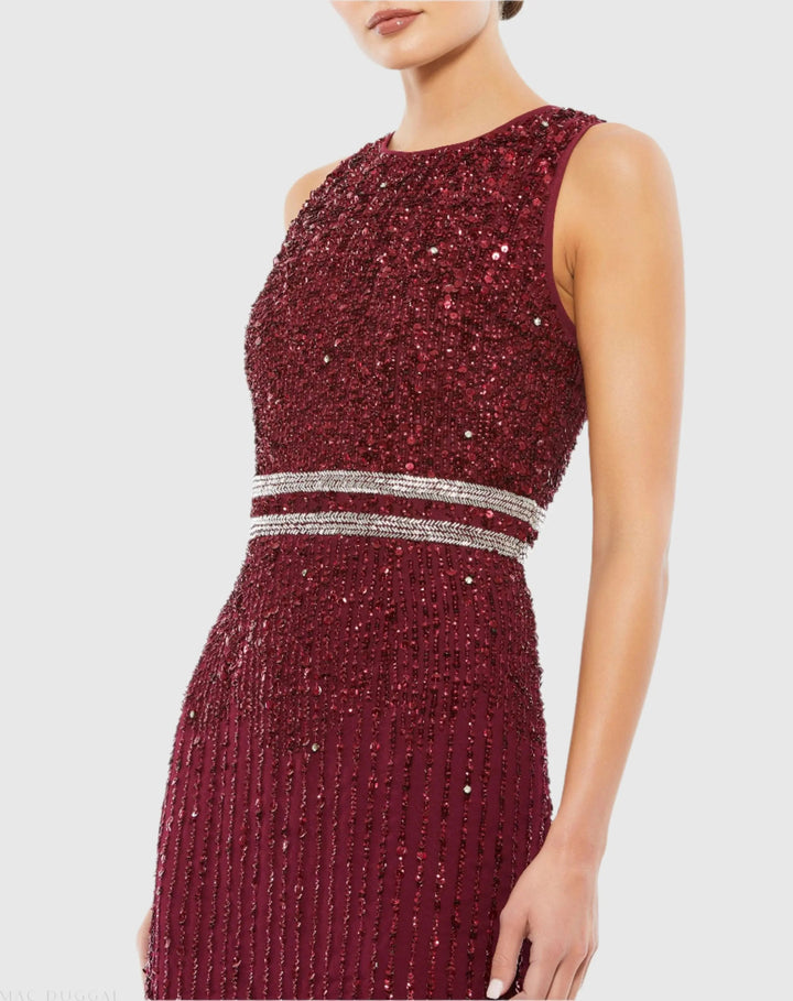 Mac Duggal A10509 Sleeveless High Neck Beaded Midi Sheath Dress