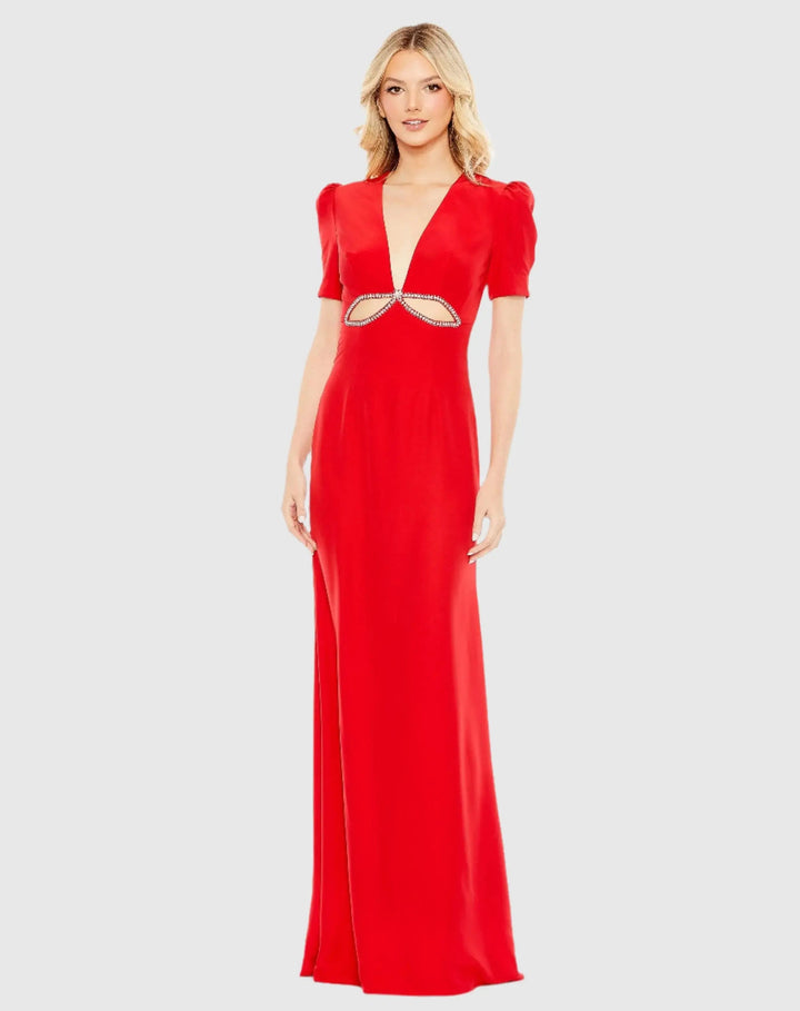 Mac Duggal A2630 Plunge Neck Puff Sleeve Cut Out Gown