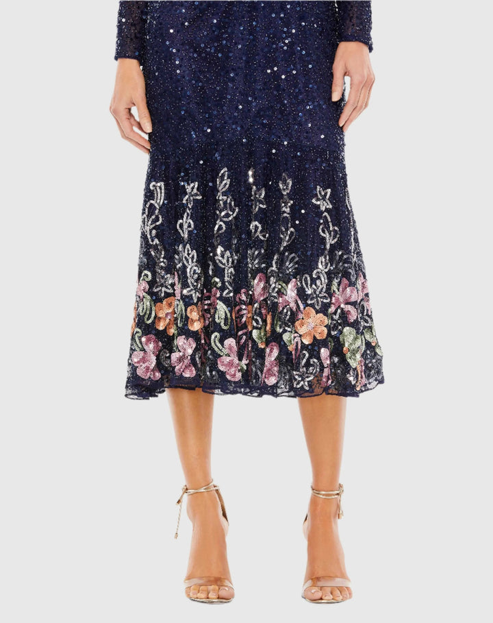 Mac Duggal A5589 Faux Wrap Long Sleeve Tea Length Dress