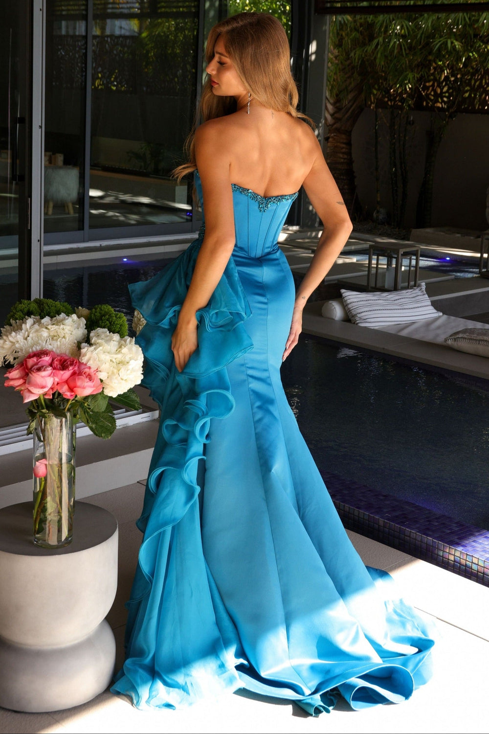 Ava Presley 40527 - Satin Corset Bodice Chiffon Side Ruffle - FOSTANI.com