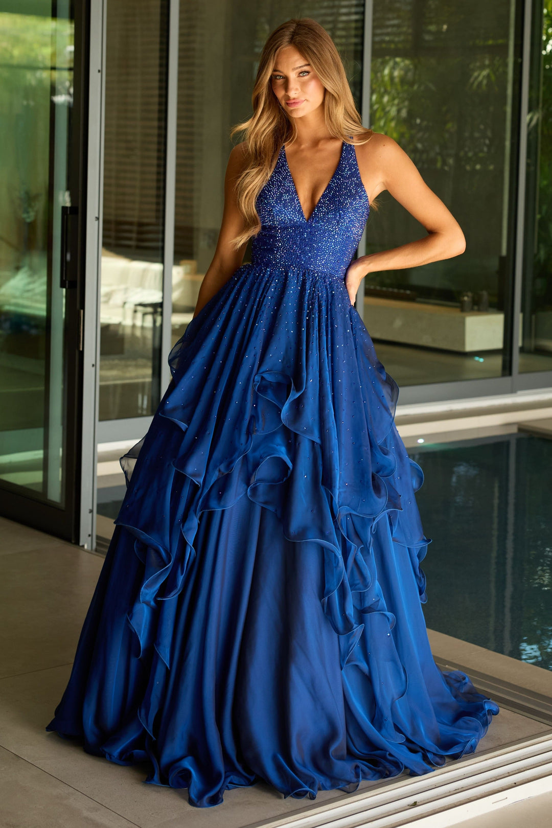 Ava Presley 42238 - Chiffon Halter Beaded Bodice Tiered Layered Skirt - FOSTANI.com