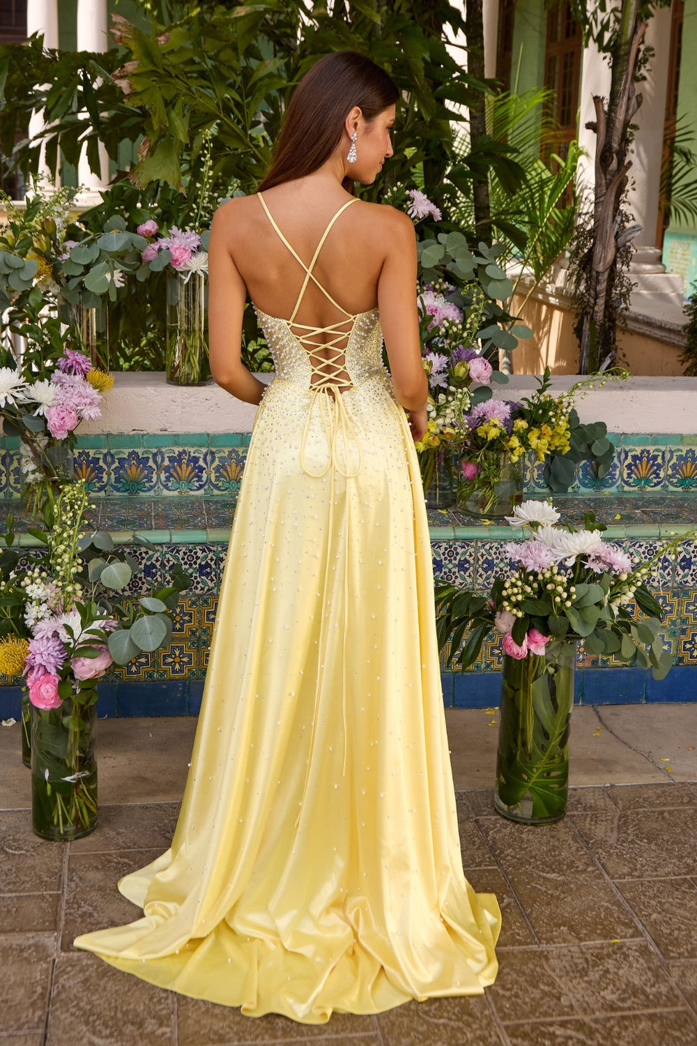 Ava Presley 47459 V Neck Pearl Beaded Bodice Satin A-Line Prom Dress with Lace Up Back detail view