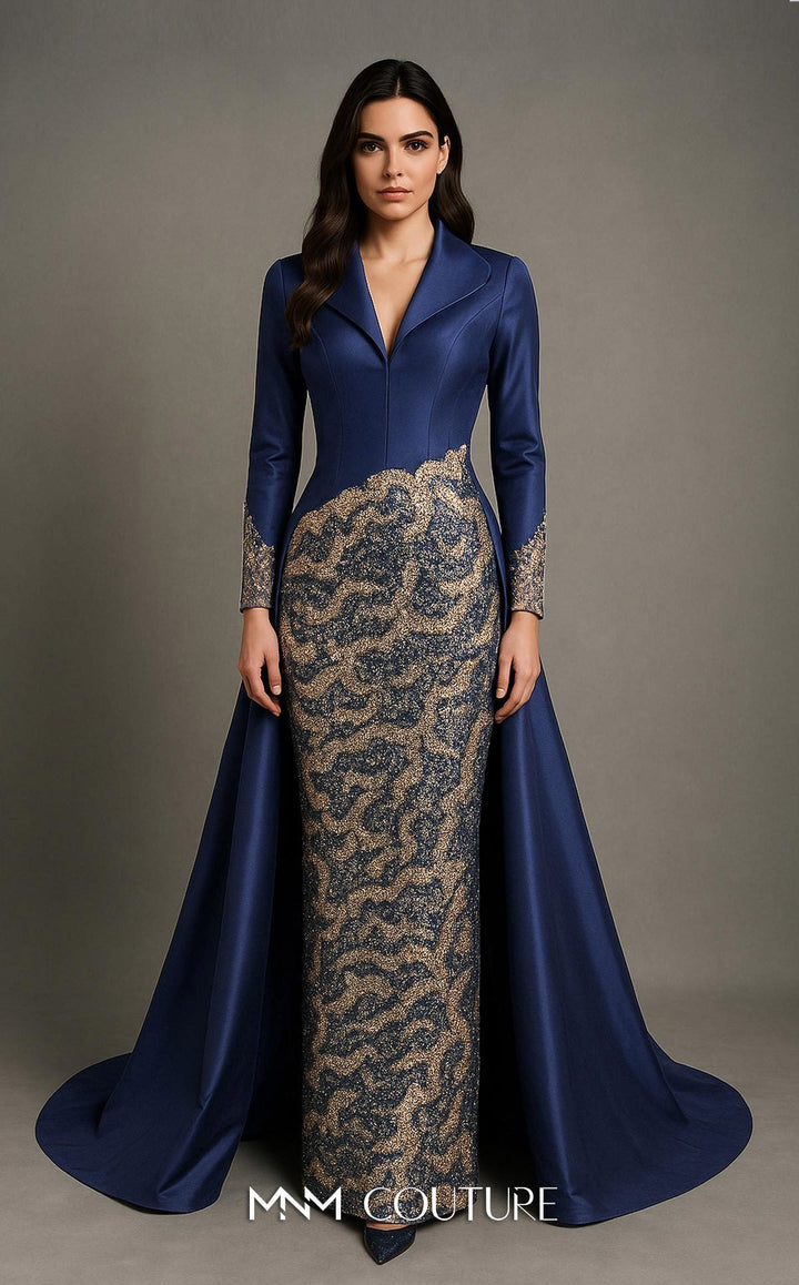 MNM Couture B1177 V-Neckline Long Sleeve Sheath Couture Dress