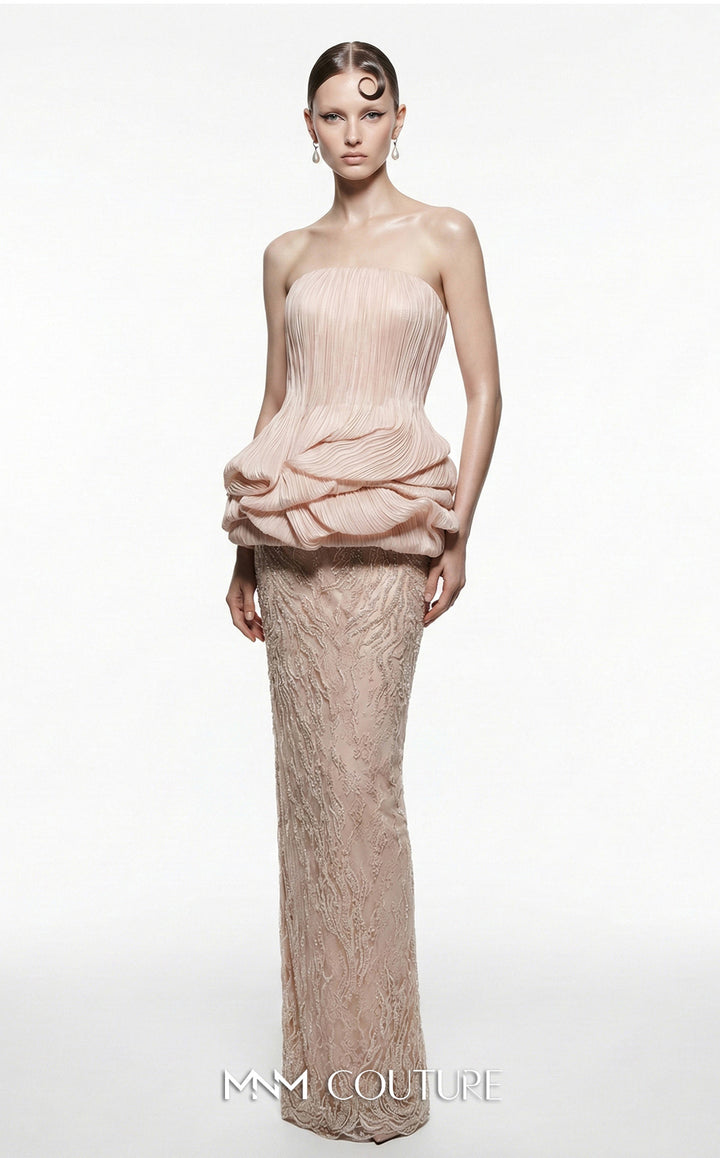MNM Couture B1228 strapless pleated peplum column gown front view
