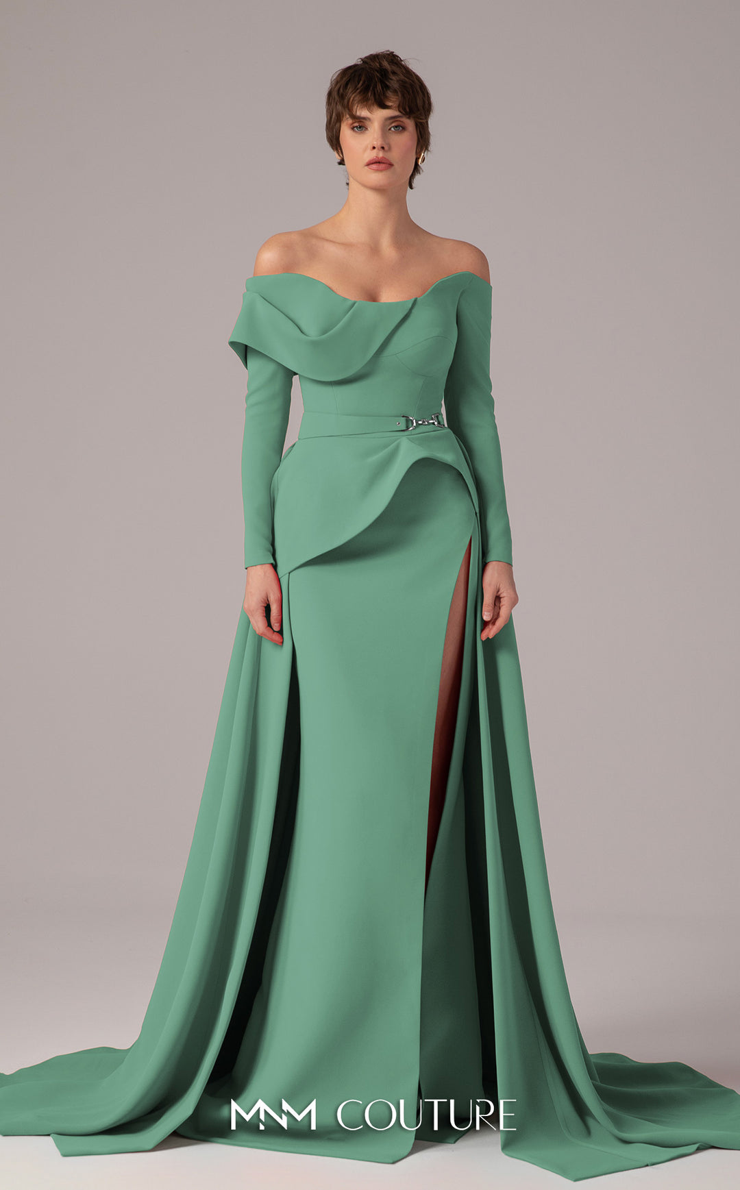 MNM Couture E0099 Off-The-Shoulder Long Sleeve Peplum Mother of the bride Dress