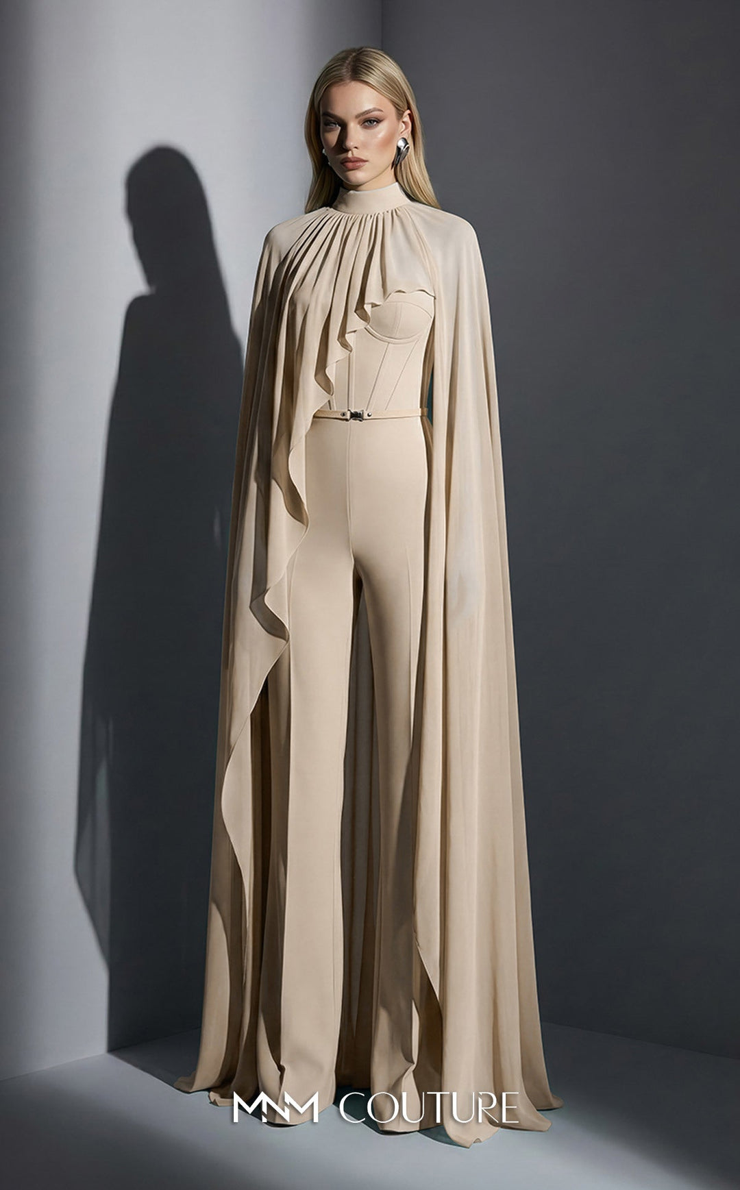 MNM Couture Style E0143 Sophisticated Chiffon High-Neck Cape Jumpsuit - FOSTANI.com