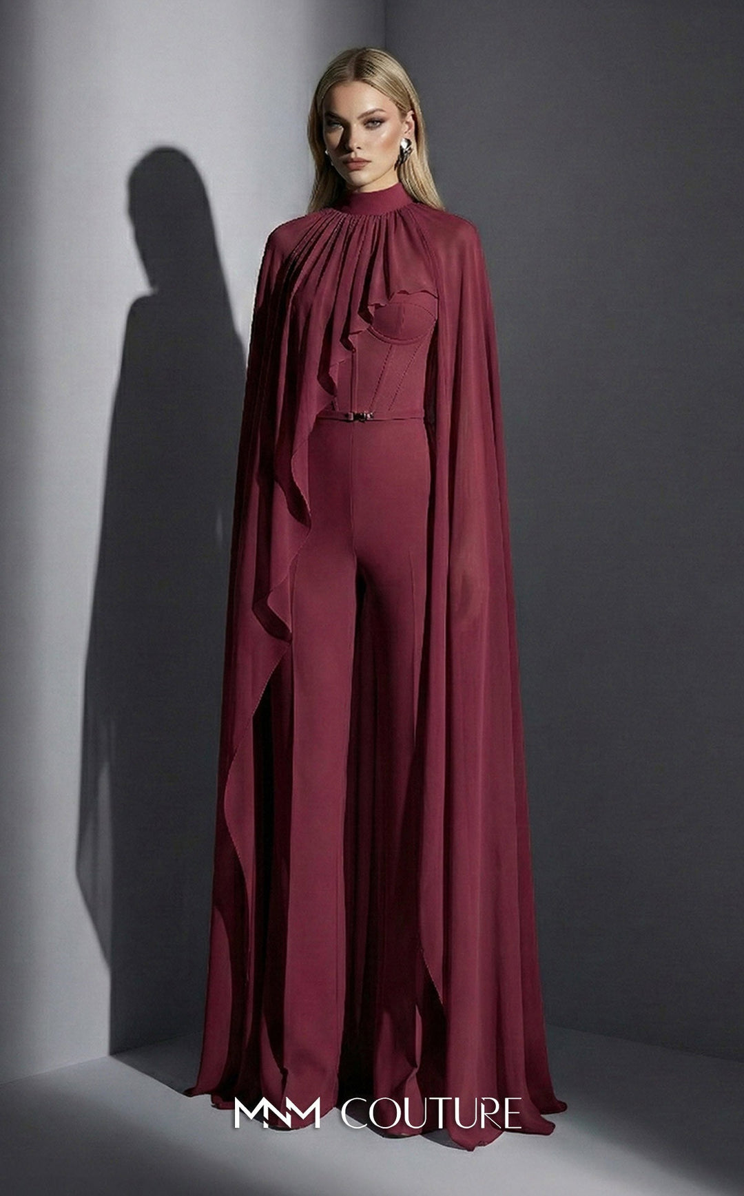 MNM Couture Style E0143 Sophisticated Chiffon High-Neck Cape Jumpsuit - FOSTANI.com