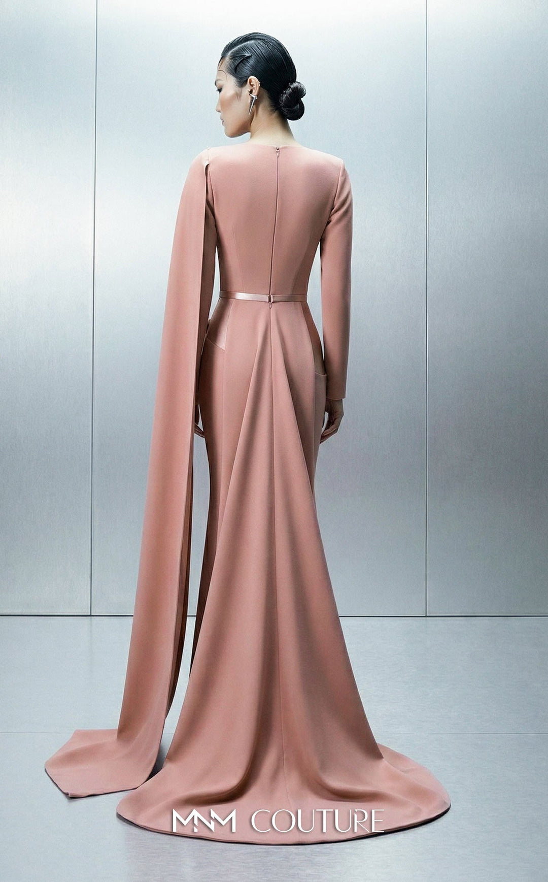MNM Couture Style E0166 Exclusive Asymmetrical Close-Neck Crepe Gown - FOSTANI.com
