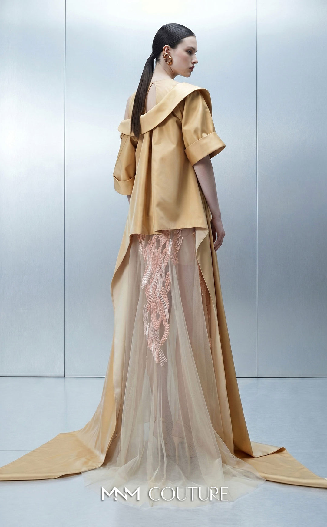 MNM Couture E0170 gown, back view with cover-up