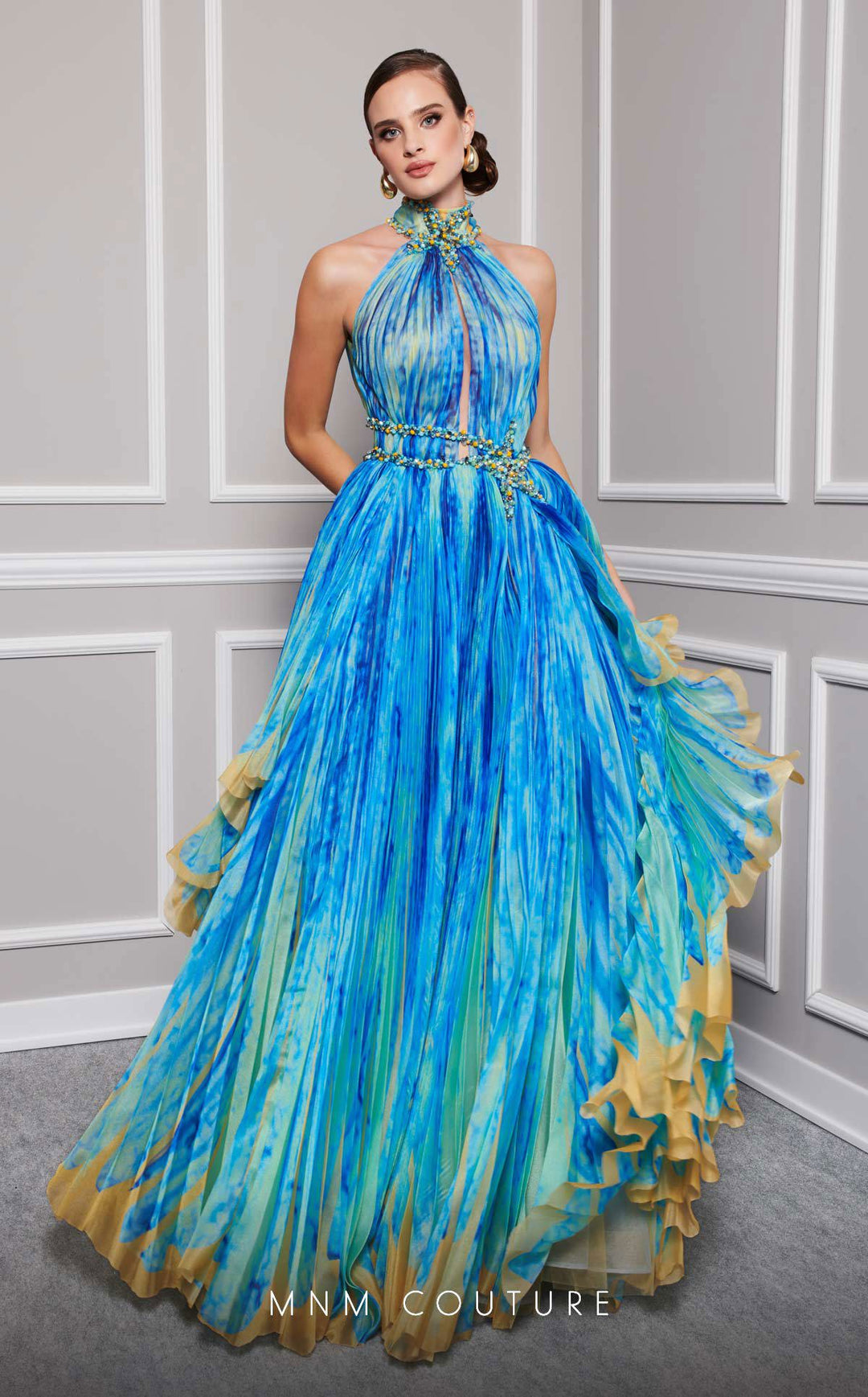 Fouad Sarkis F02822 High Halter Keyhole Pleated A-Line Evening Gown