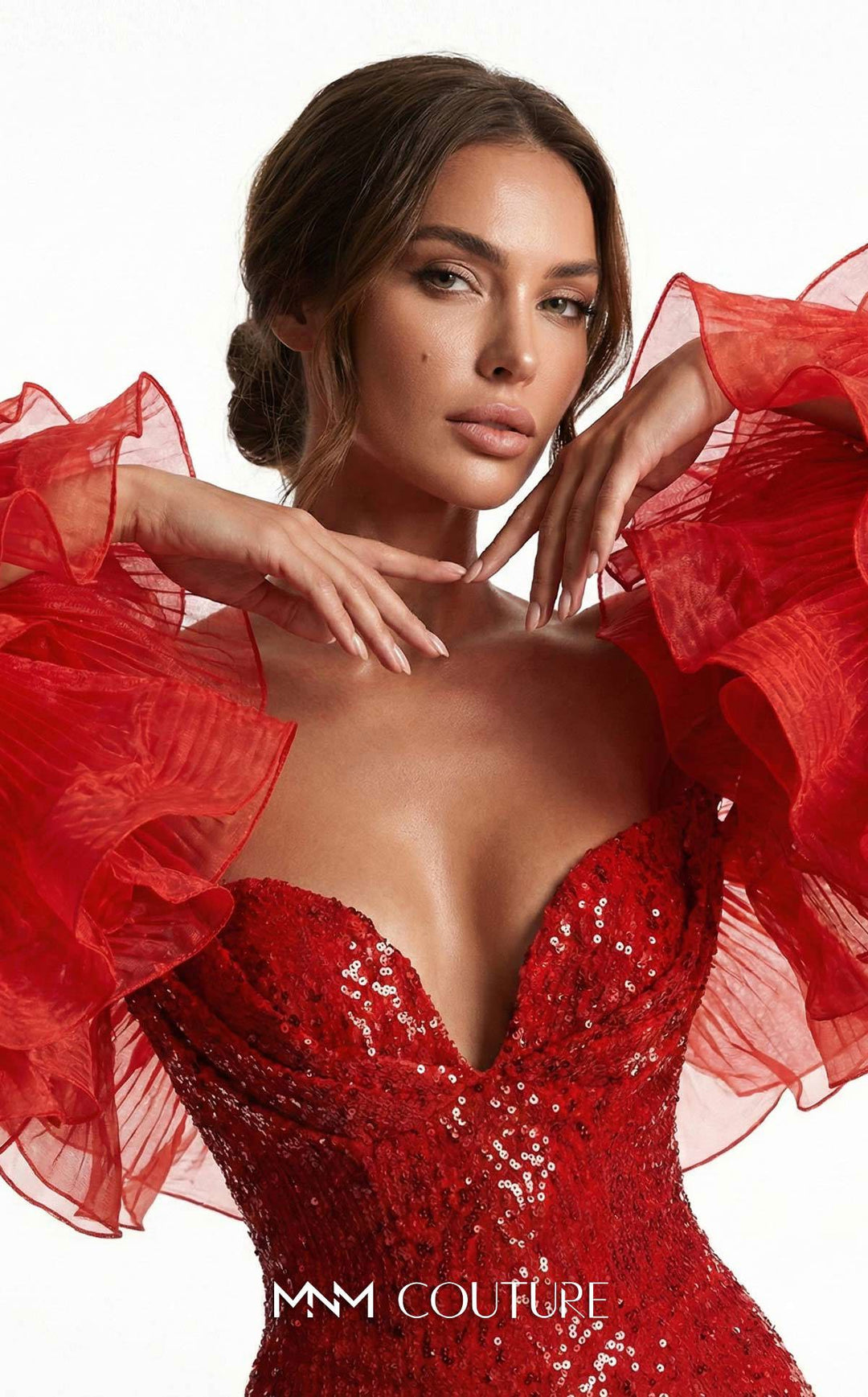 Fouad Sarkis F03029 neckline and ruffle sleeve detail