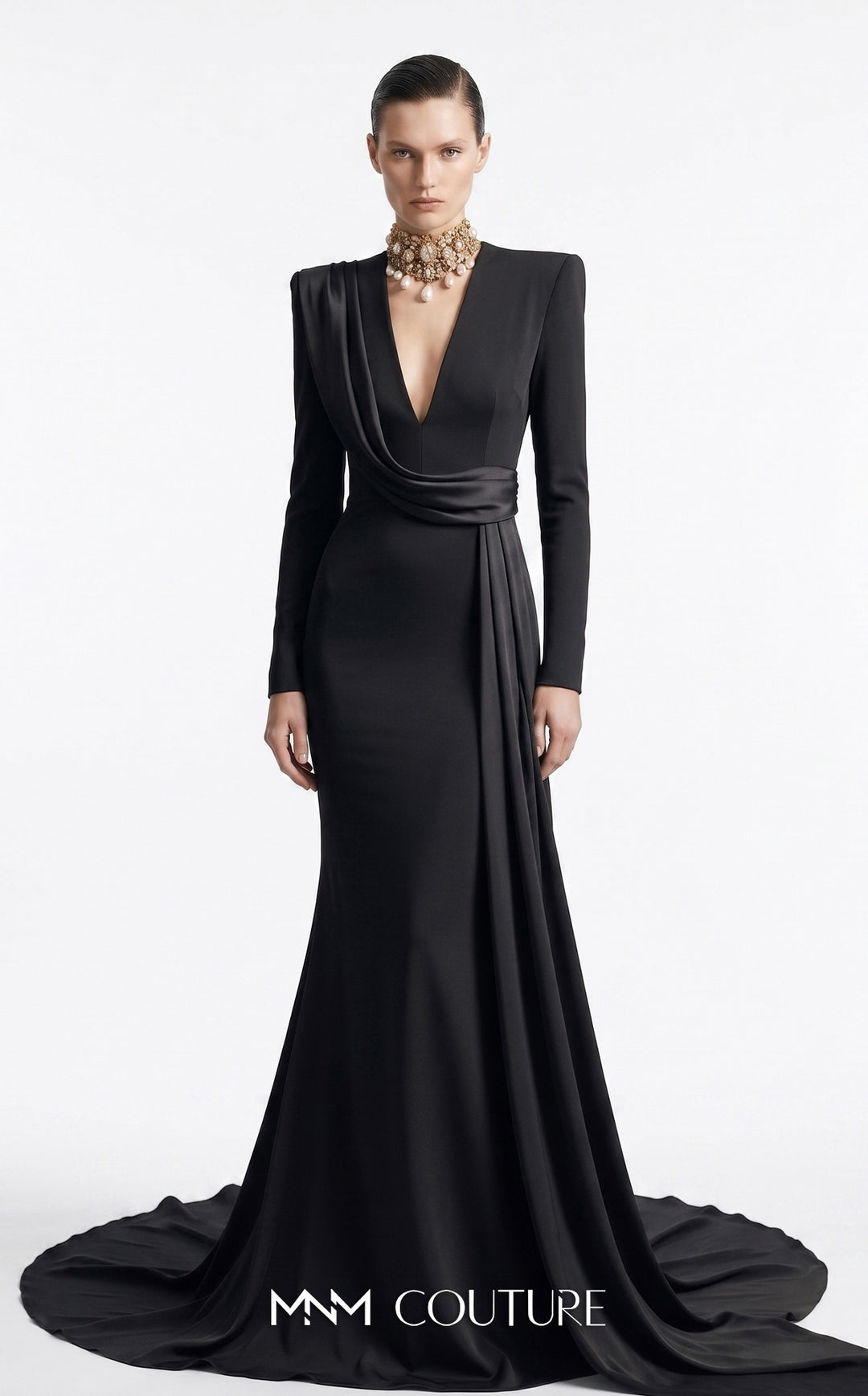 Fouad Sarkis F03046 draped sash mermaid evening gown