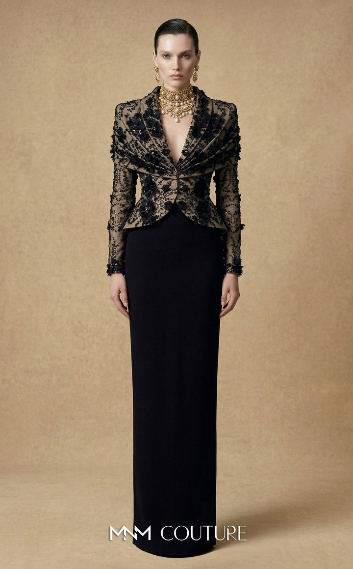 Fouad Sarkis F03047 Embellished Long Sleeve Sheath Couture Dress