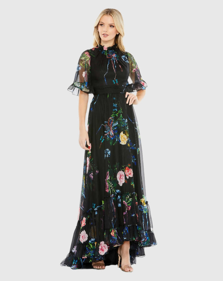 Mac Duggal 68230 Floral Print Ruffled High Neck Flutter Sleeve Gown