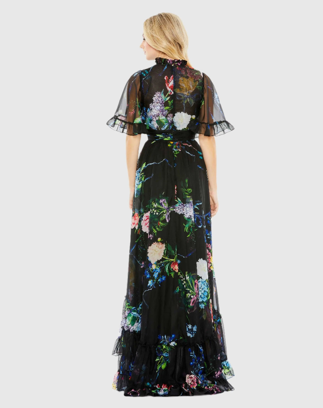 Mac Duggal 68230 Floral Print Ruffled High Neck Flutter Sleeve Gown