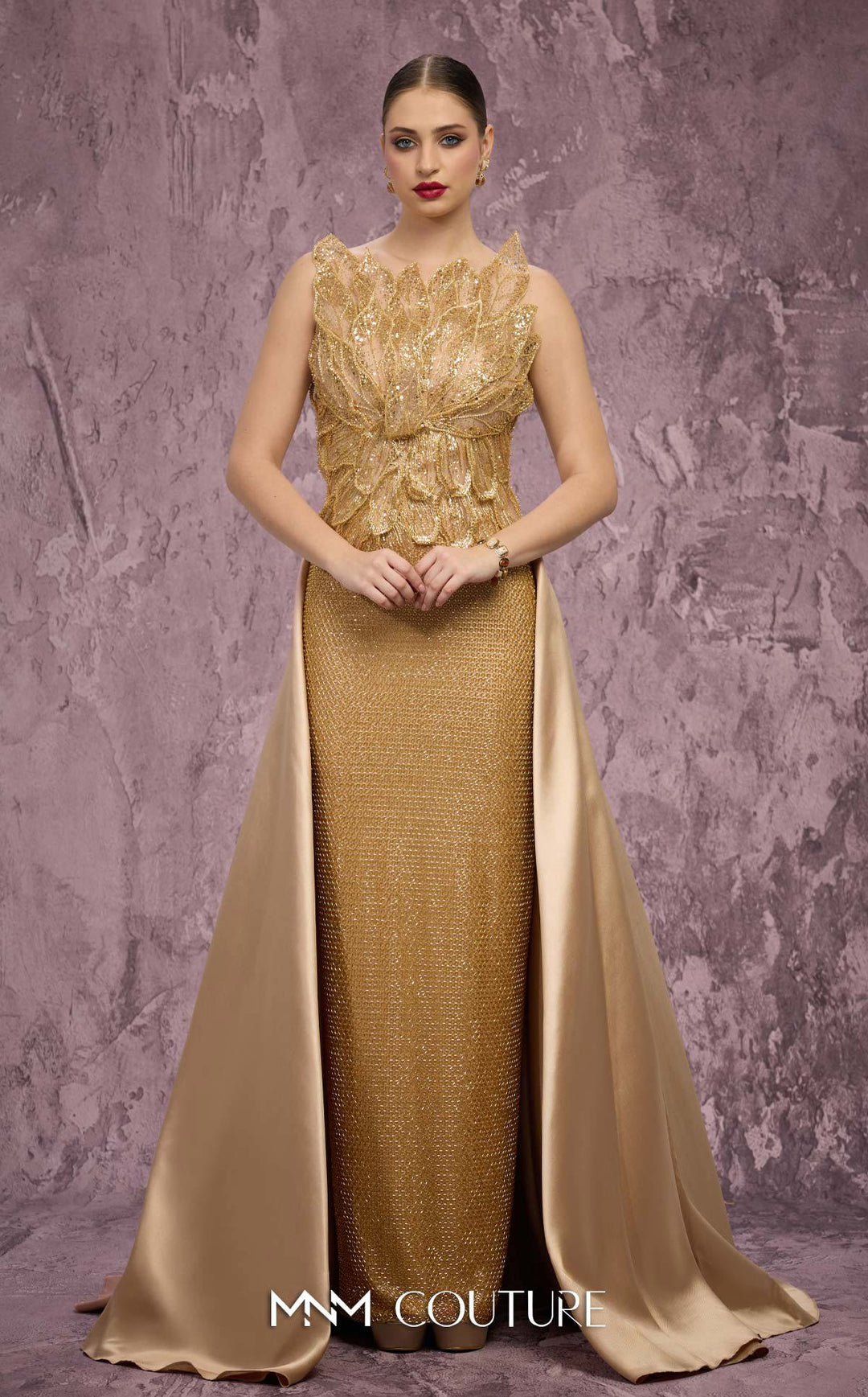 MNM Couture J03186 Beaded with Satin Train Dress