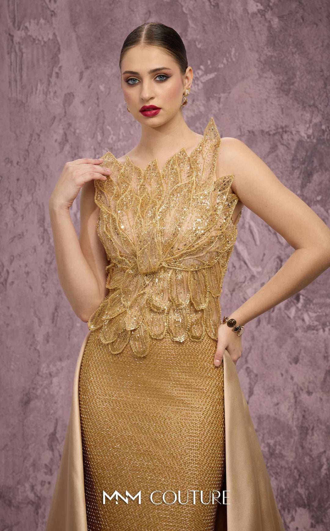 MNM Couture J03186 Beaded with Satin Train Dress