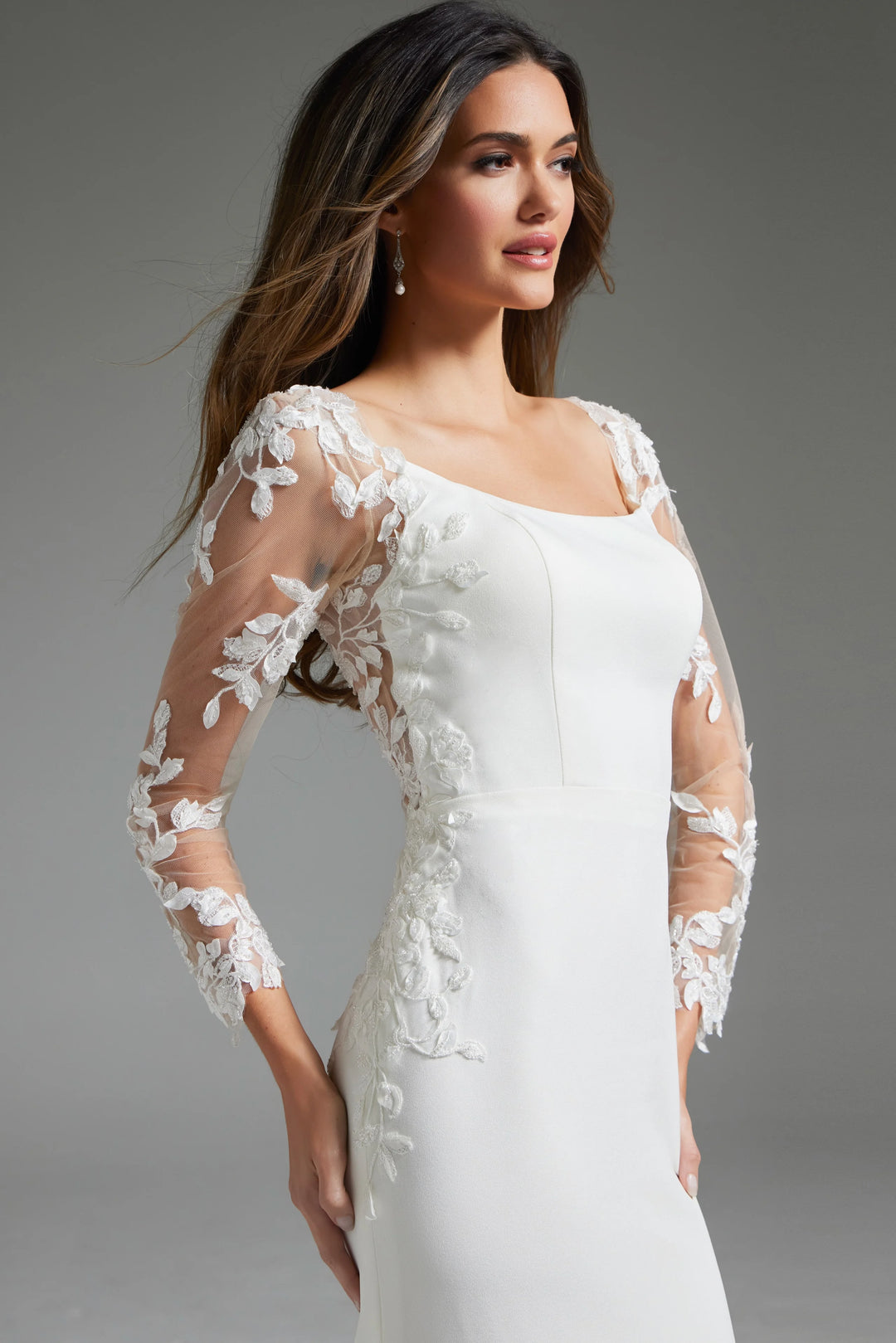 Jovani JB42297 Ivory Long Sleeve Sheath Bridal Dress
