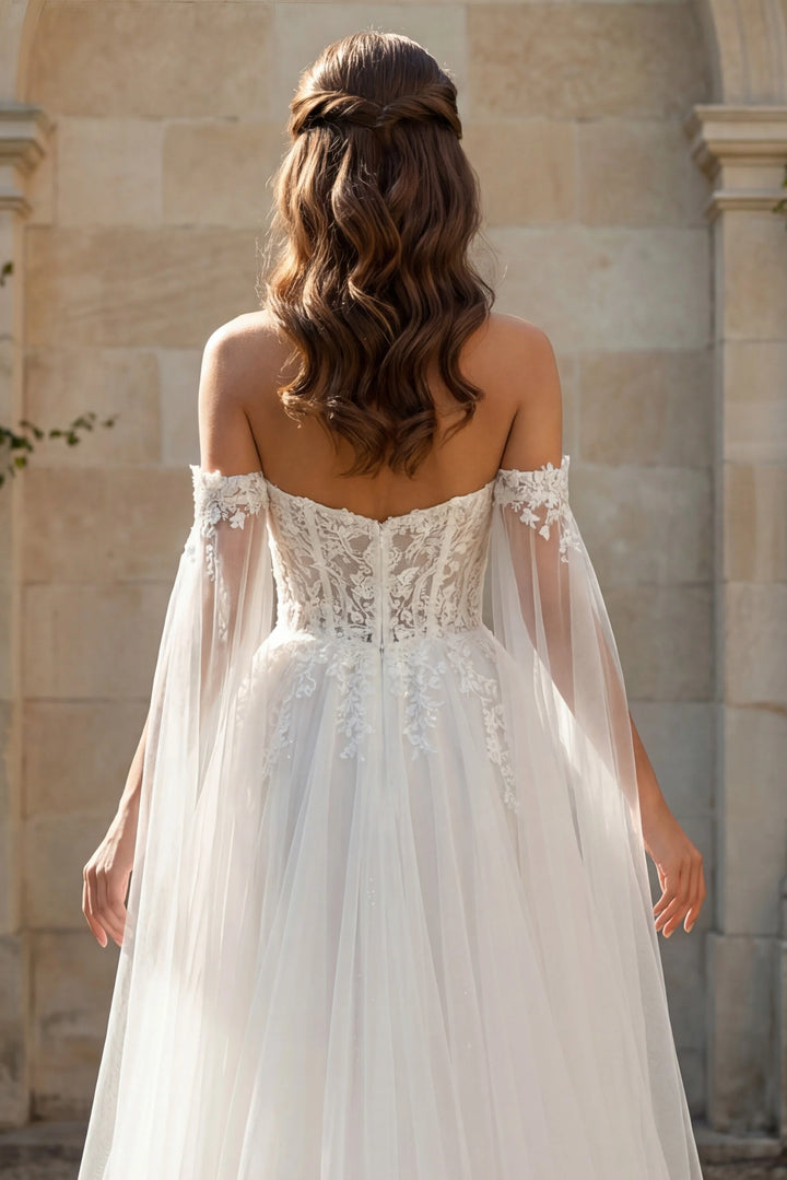 Jovani JB42480 Off the Shoulder Sheer Bridal Gown with Floral Embellishments - FOSTANI.com
