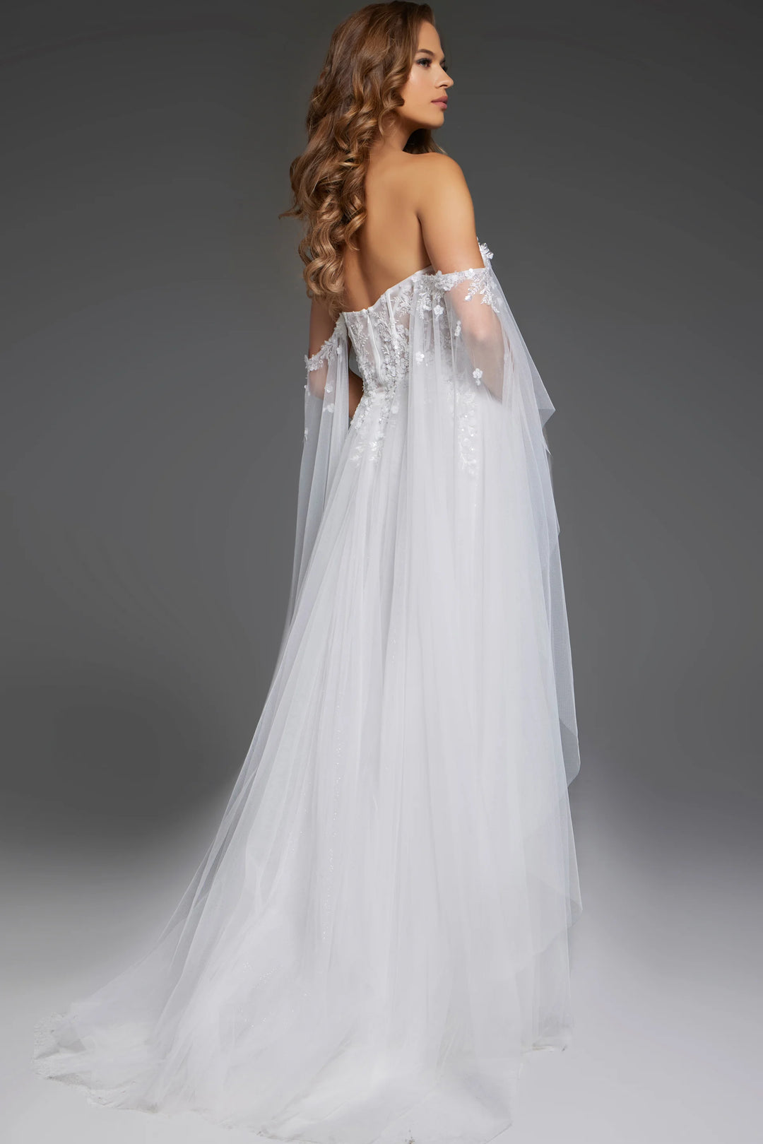 Jovani JB42480 Off the Shoulder Sheer Bridal Gown with Floral Embellishments - FOSTANI.com