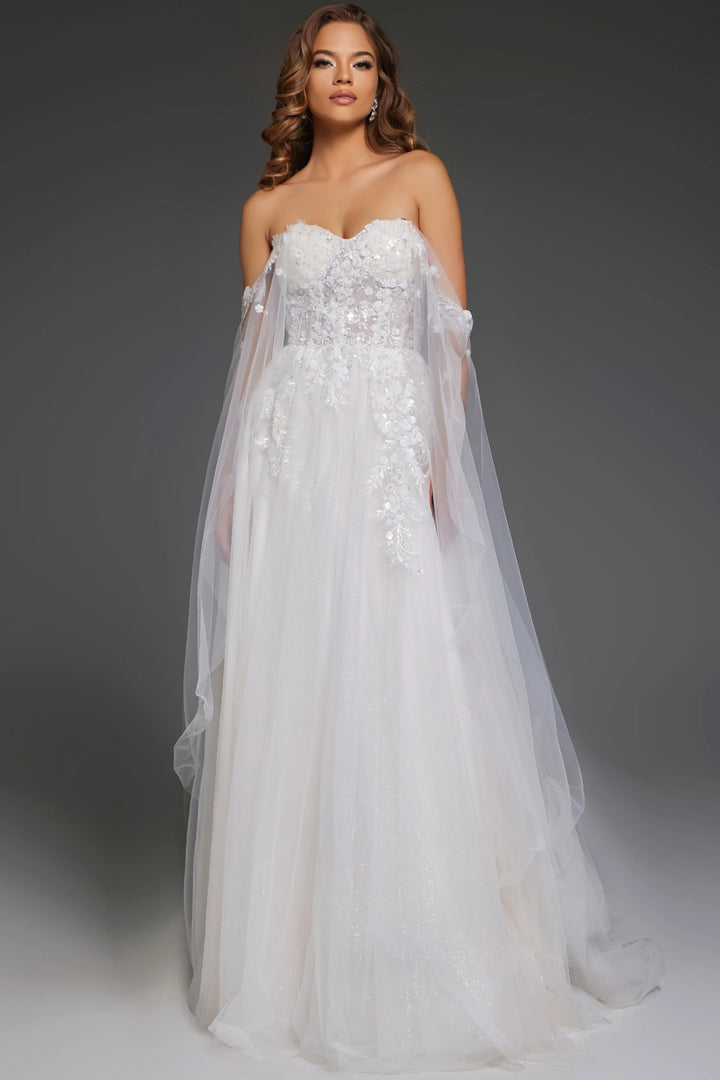 Jovani JB42481 Off the Shoulder Wedding Gown with Delicate Floral Embroidery