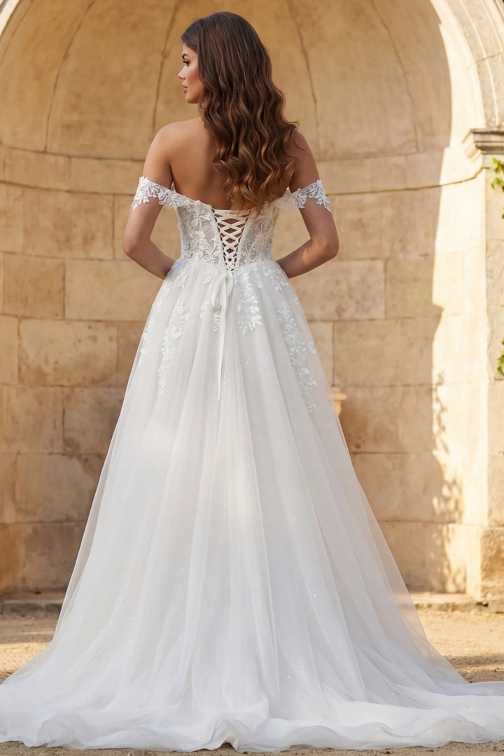 Jovani JB42481 Off the Shoulder Wedding Gown with Delicate Floral Embroidery