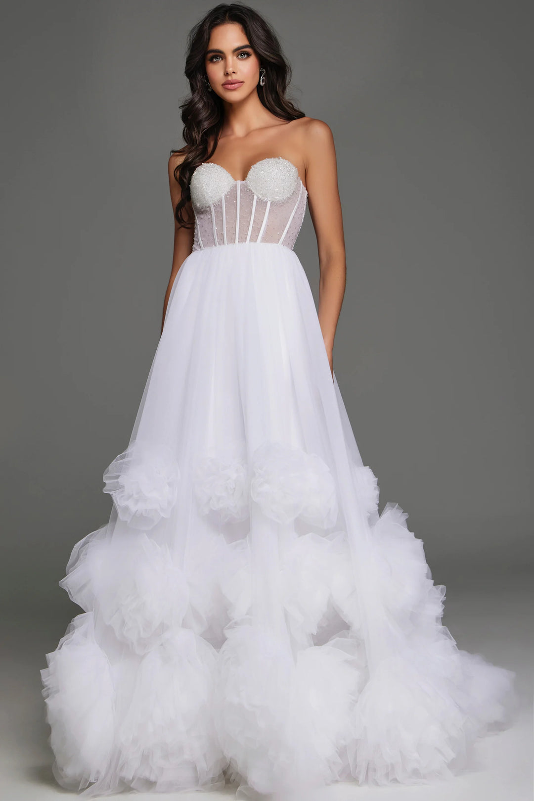 Jovani JB42782 Strapless A Line Wedding Dress with Floral Ruffle Details