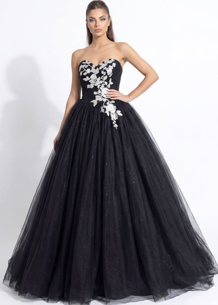 Strapless Floor-Length Tulle Wedding Ball Gown with Floral Appliqué Jovani JB43233 - FOSTANI.com