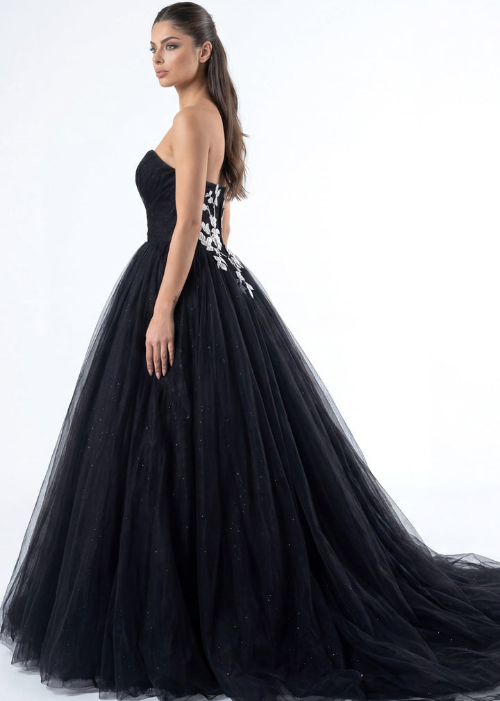 Strapless Floor-Length Tulle Wedding Ball Gown with Floral Appliqué Jovani JB43233 - FOSTANI.com